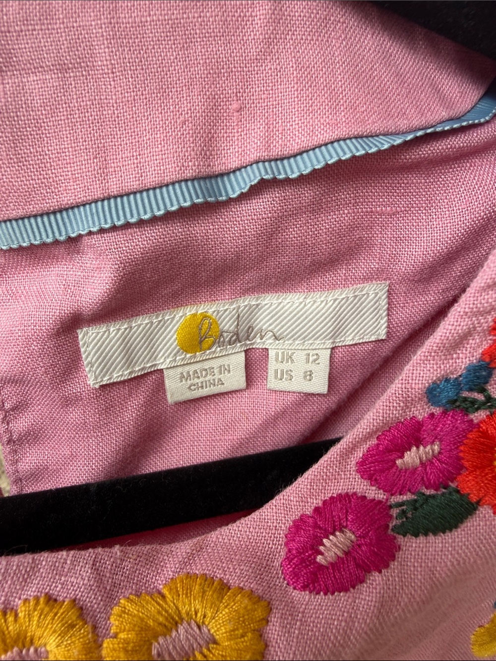 Boden Embroidered Pink Peasant Top with Floral Accents 100% Linen - Picture 7 of 7